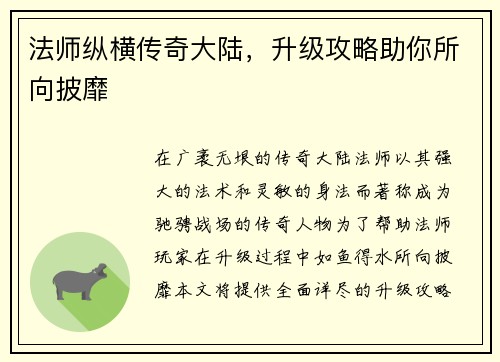 法师纵横传奇大陆,升级攻略助你所向披靡
